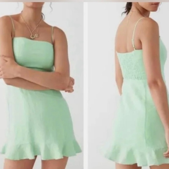 & Other Stories Linen Flounced Hem Mini Dress Mint Green Size 8 (Euro 38) Spring - Picture 15 of 15